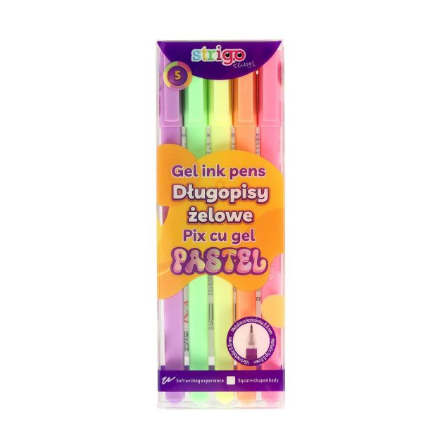 STRIGO - DŁUGOPISY ŻELOWE PASTEL - 5 KOL